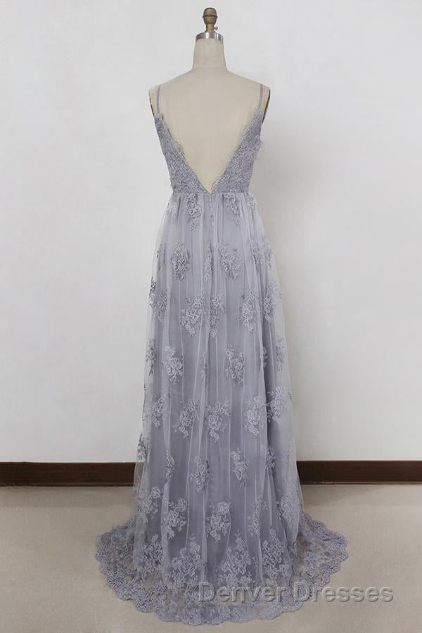 Spaghetti Straps Long Lace Prom Gown, A Line V Neck Sleeveless Formal Dress