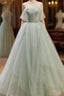 Zoom Light Green Tulle Beaded Sweetheart Long Prom Dress, A-Line Green Formal Dress