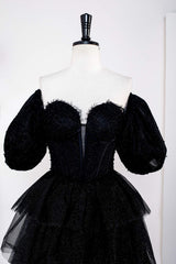 Prom Dress Shops Nearby, Saprkly Black Off-Shoulder Puff Sleeves Layers Long Prom Dress