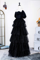 Prom Dress Corset, Saprkly Black Off-Shoulder Puff Sleeves Layers Long Prom Dress
