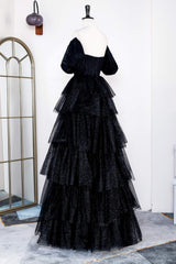Prom Dresses Boho, Saprkly Black Off-Shoulder Puff Sleeves Layers Long Prom Dress