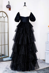 Prom Dresses For Black, Saprkly Black Off-Shoulder Puff Sleeves Layers Long Prom Dress
