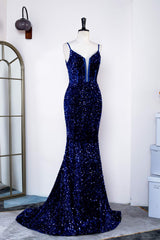 Short Dress, Royal Blue Sequins Spaghetti Straps Mermaid Long Prom Dress