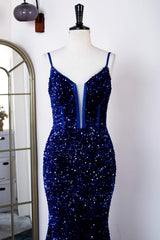 Floral Dress, Royal Blue Sequins Spaghetti Straps Mermaid Long Prom Dress