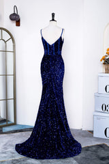 Quince Dress, Royal Blue Sequins Spaghetti Straps Mermaid Long Prom Dress