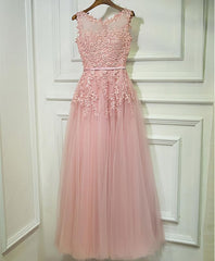 Bridesmaids Dresses Color, Pink Lace Tulle Long A Line Prom Dress, Pink Evening Dress, 1