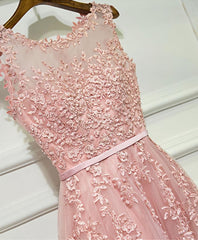 Bridesmaide Dress Colors, Pink Lace Tulle Long A Line Prom Dress, Pink Evening Dress, 1