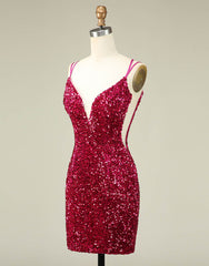 Party Dress Pink, Sparkly Sequin Double Spaghetti Straps Tight Homecoming Dress