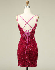 Party Dresses Short Clubwear, Sparkly Sequin Double Spaghetti Straps Tight Homecoming Dress