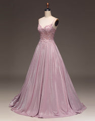 Emerald Green Prom Dress, Pretty Blush A-Line Spaghetti Straps Long Glitter Prom Dress