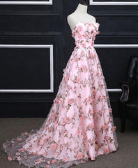 Beach Dress, Pink Tulle 3D Flowers Long Prom Dress, Pink Evening Dress
