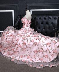 Bridesmaid Dresses Formal, Pink Tulle 3D Flowers Long Prom Dress, Pink Evening Dress