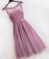 Bridesmaids Dress Styles Long, Cute Pink Lace Tulle Short Prom Dress, Pink Evening Dress