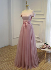Bridesmaid Dresses Inspiration, Pink A Line Off Shoulder Floor Length Prom Dress, Lace Evening Dress