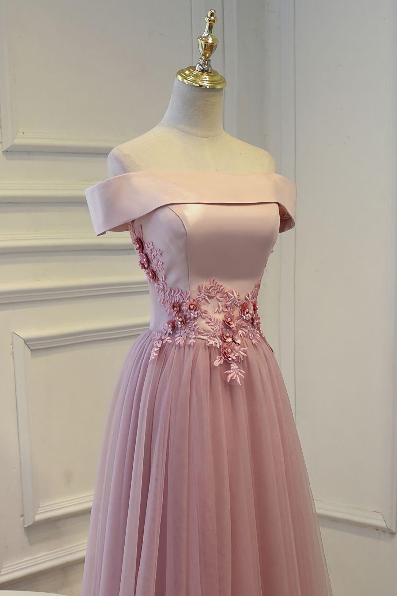 Bridesmaid Dress Inspiration, Pink A Line Off Shoulder Floor Length Prom Dress, Lace Evening Dress