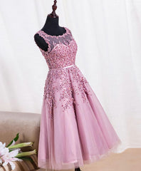 Bridesmaid Dress Style Long, Cute Pink Lace Tulle Short Prom Dress, Pink Evening Dress