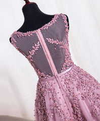 Bridesmaid Dress Styles Long, Cute Pink Lace Tulle Short Prom Dress, Pink Evening Dress