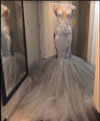 Prom Dresses Ball Gown Style, 2024 Silver Long Sleeve Mermaid/Trumpet Lace and Tulle Prom Dresses