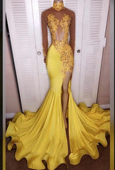 Bridesmaids Dress Modest, 2024 Junoesque Yellow Split Mermaid/Trumpet Long Sleeve Satin Prom Dresses