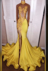 Prom Dress Tulle, 2024 Junoesque Yellow Split Mermaid/Trumpet Long Sleeve Satin Prom Dresses