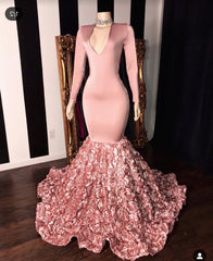 Bridesmaid Dresses Color Palette, 2024 Long Sleeve Dusty Rose V-neck Mermaid Prom Dresses