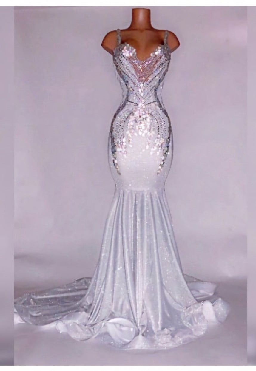 Prom Dresses Ballgown, Alluring Silver Satin Beaded Mermaid Prom Dresses