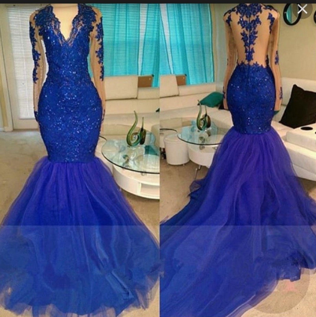 Party Dress Outfits, 2024 Long Sleeve Royal Blue V-neck Tulle Mermaid Prom Dresses