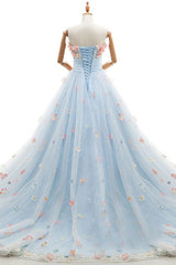 Wedding Dress Outlet Near Me, Charming Light Blue Tulle Sweetheart Ball Gown Court Train Wedding Dresses