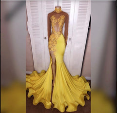 Prom Dresses Tulle, 2024 Junoesque Yellow Split Mermaid/Trumpet Long Sleeve Satin Prom Dresses
