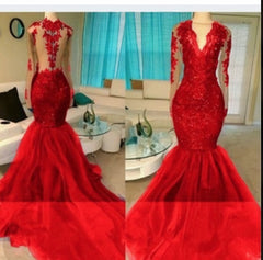 Prom Dresses For Brunettes, 2024 Red Appliques Long Sleeve V-neck Prom Dresses