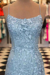 Evening Dresses For Sale, Blue Spaghetti Straps Backless Appliques Prom Dress