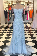 Evening Dress Sale, Blue Spaghetti Straps Backless Appliques Prom Dress