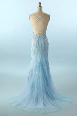 Evening Dress For Sale, Blue Spaghetti Straps Backless Appliques Prom Dress