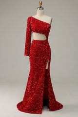 Country Wedding, Mermaid One Shoulder Red Sequins Cut Out Prom Dress with Slit Front