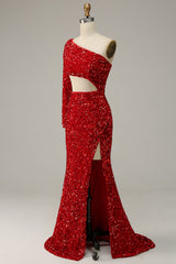 Unique Wedding Ideas, Mermaid One Shoulder Red Sequins Cut Out Prom Dress with Slit Front