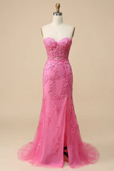 Wedding Photo, Pink Corset Sweetheart Long Lace Mermaid Prom Dress with Slit