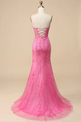 Mermaid Wedding Dress, Pink Corset Sweetheart Long Lace Mermaid Prom Dress with Slit