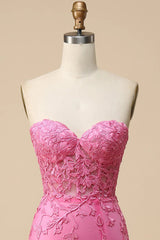Wedding Photo Ideas, Pink Corset Sweetheart Long Lace Mermaid Prom Dress with Slit
