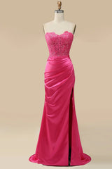 Winter Wedding, Sparkly Hot Pink Corset Long Sheath Prom Dress with Slit