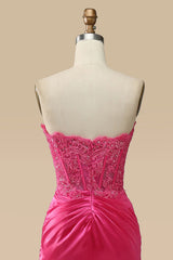 Bridesmaid Dresses Mismatched Winter, Sparkly Hot Pink Corset Long Sheath Prom Dress with Slit