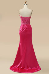 Wedding Color Schemes, Sparkly Hot Pink Corset Long Sheath Prom Dress with Slit