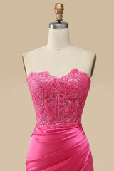 Bridal Shower Games, Sparkly Hot Pink Corset Long Sheath Prom Dress with Slit