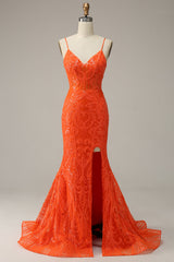 Bridesmaids Dress Peach, Mermaid Spaghetti Straps Orange Long Prom Dress with Slit Front