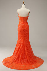 Bridesmaids Dresses Peach, Mermaid Spaghetti Straps Orange Long Prom Dress with Slit Front
