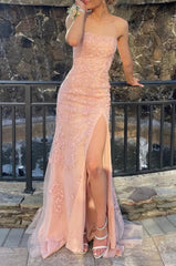 Prom Dresses Shop, Pink Strapless Lace Long Prom Dress with Slit