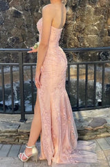 Prom Dresses Shopping, Pink Strapless Lace Long Prom Dress with Slit