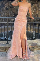 Prom Dress Shops, Pink Strapless Lace Long Prom Dress with Slit