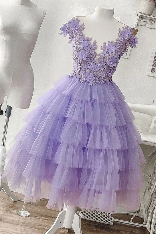 Prom Dresses For Skinny Body, A-line Applique Lilac Tulle Short Homecoming Dresses With Layered