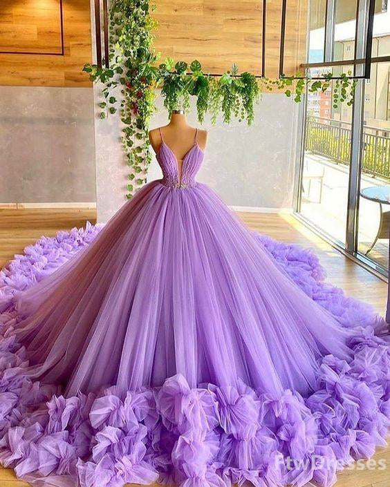 Bridesmaid Dresses Ideas, spaghetti straps lavender beading bodice tulle evening dress with handmade flowers
