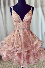 Bridesmaid Dress Convertible, Cute Sequins Pink Homecoming Dresses V-neck Beaded Short Prom Dresses